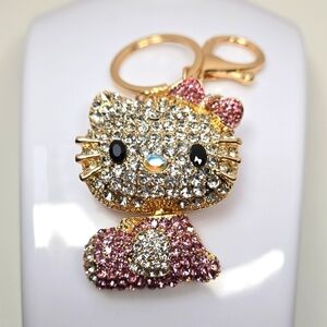 Hello Kitty Rhinestone Keychain Pink and Gold Tone